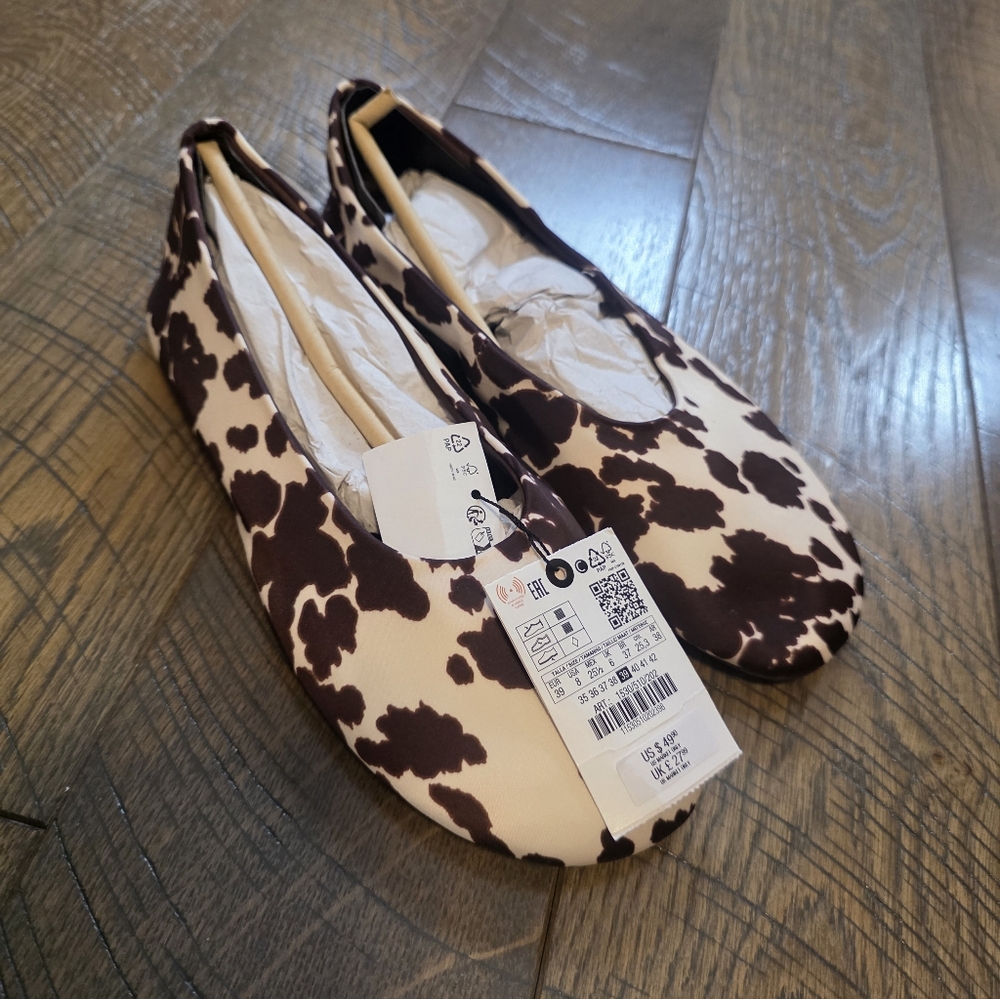 NWT Zara Satin Cow Animal Print Fabric Ballet Flats in Beige/Brown 7.5,  8 - Picture 4 of 7